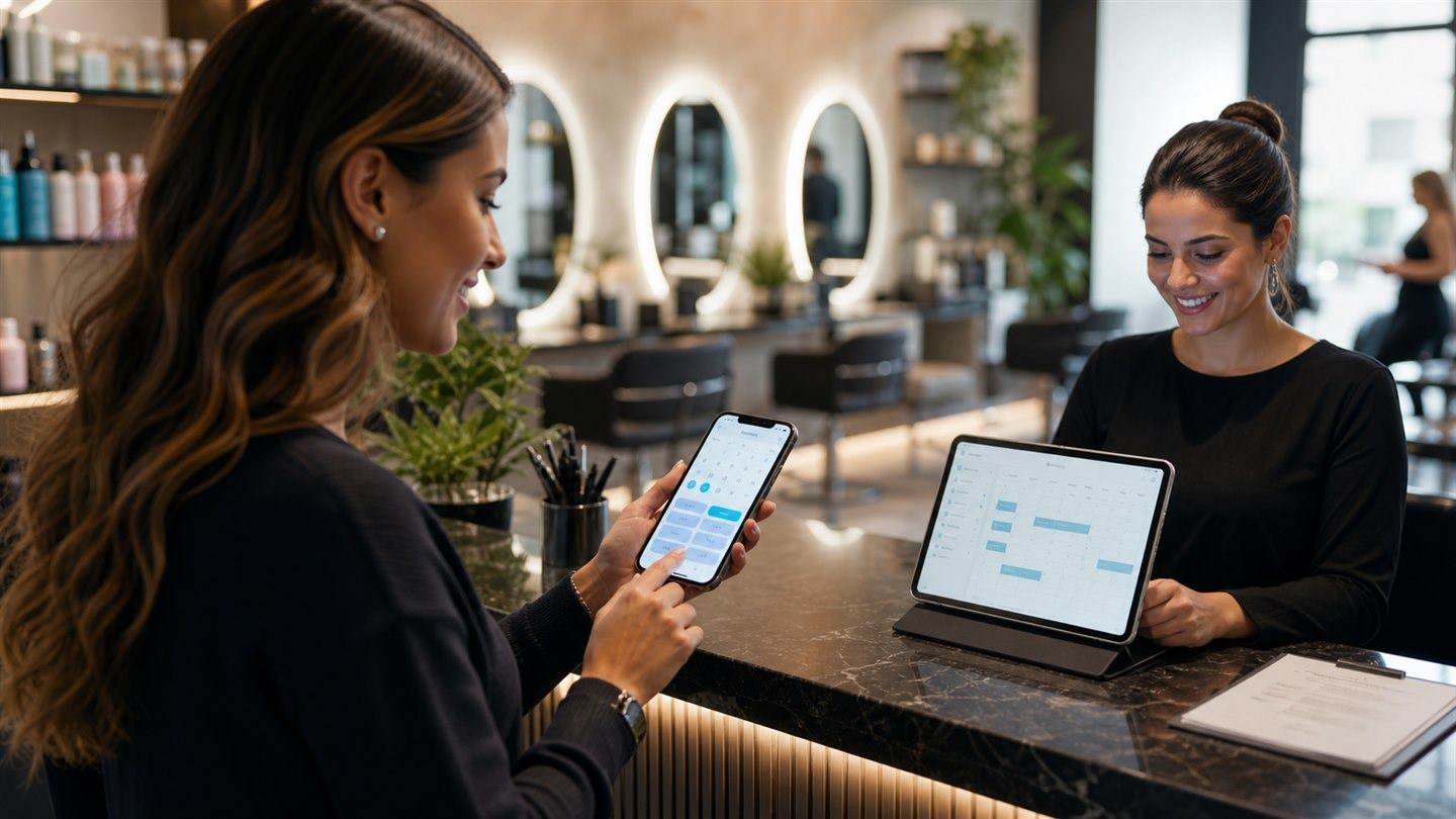 Cliente usando agenda online em um salão