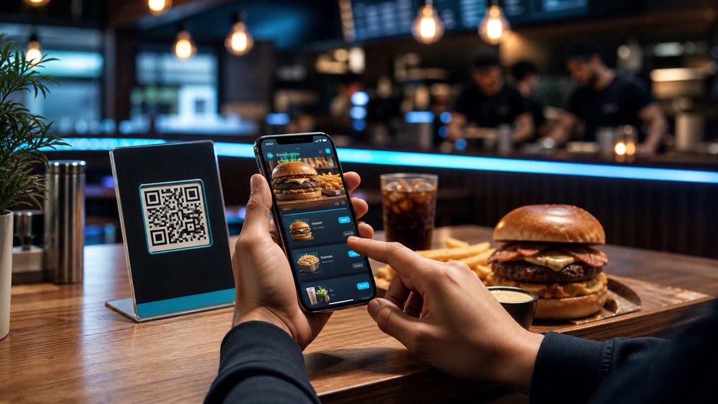 Cliente usando cardápio digital em restaurante