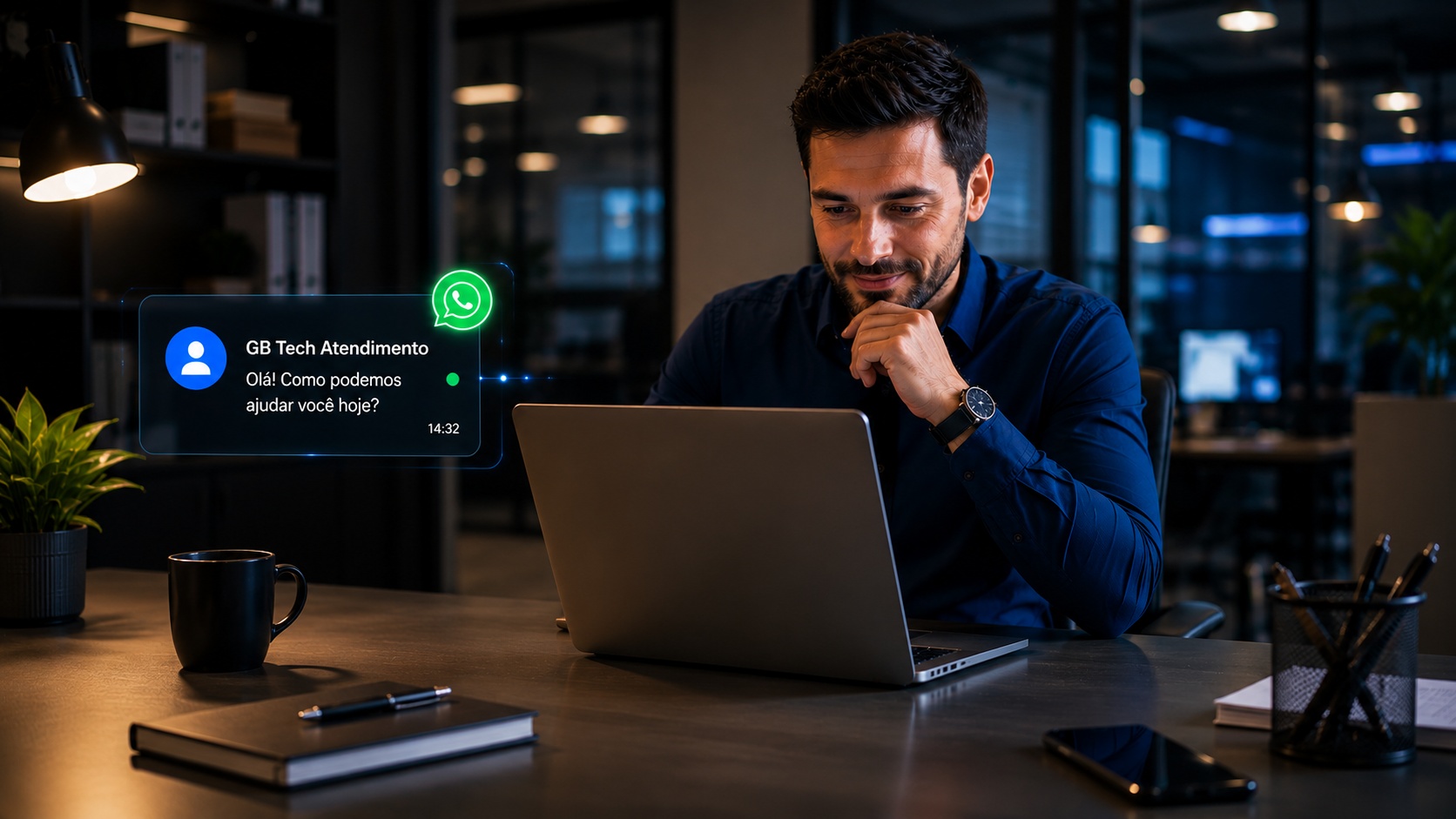 Empresário usando site profissional para gerar contatos