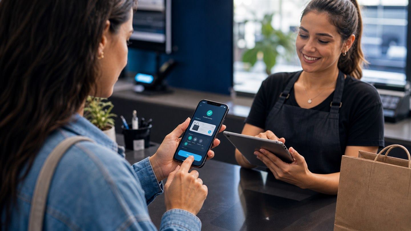 Cliente usando aplicativo mobile em uma loja