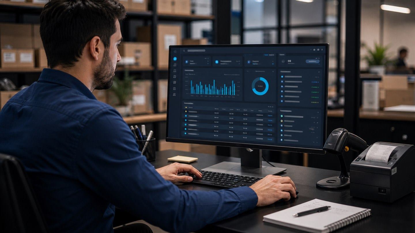 Funcionário usando sistema desktop de gestão interna