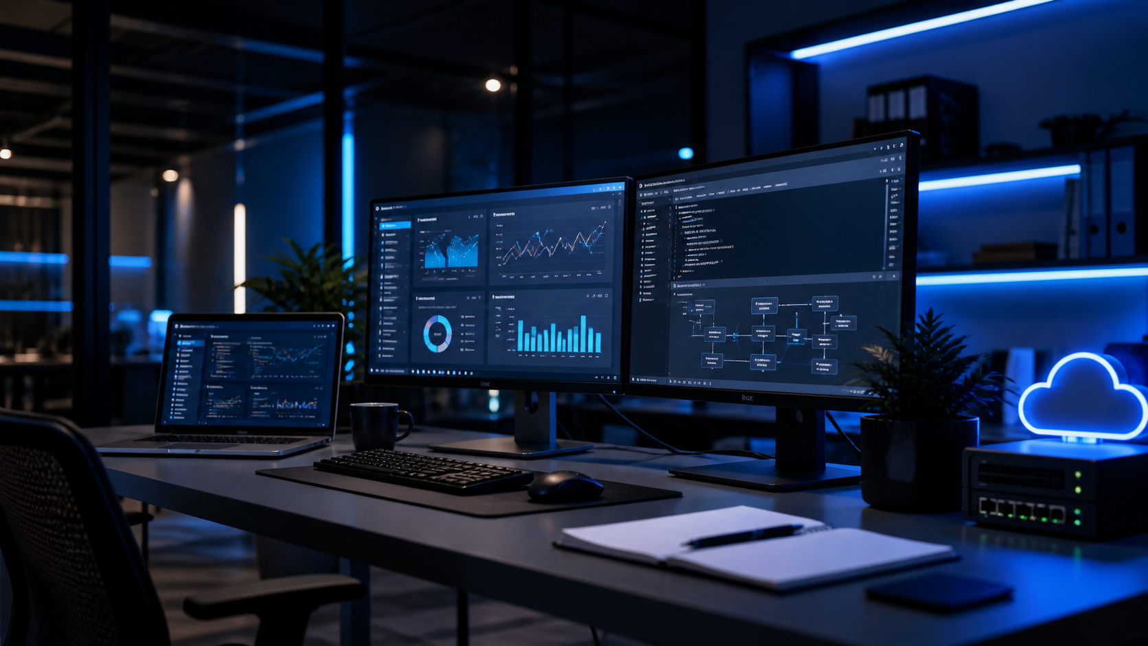 Esta&ccedil;&atilde;o de trabalho moderna com dashboards, sistemas e automa&ccedil;&otilde;es digitais